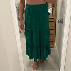 Vila Satin Vintage Green Polkadot 2 tiered maxi skirt